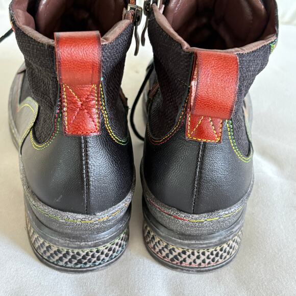 CrazyCatz Patchwork Boots 9.5 Black Leather Ankle Bootie Combat Boho Art to Wear - Picture 7 of 7